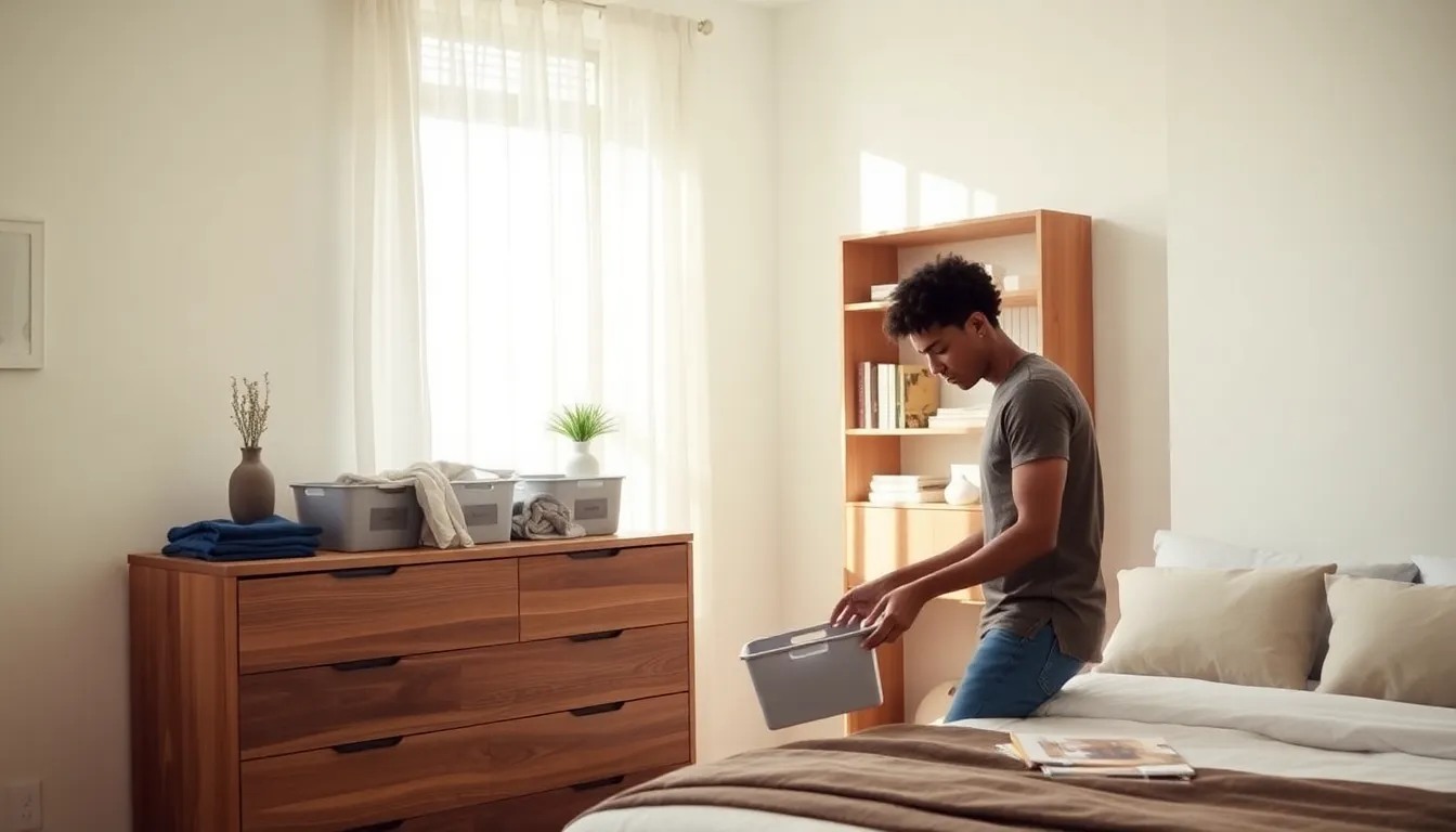 individual organizing a tidy bedroom with natural light.