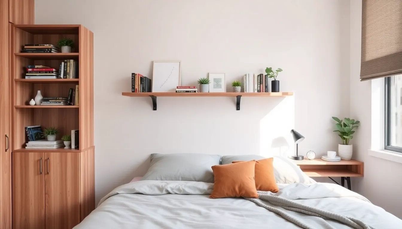modern small bedroom with wall-mounted and corner bookshelves.