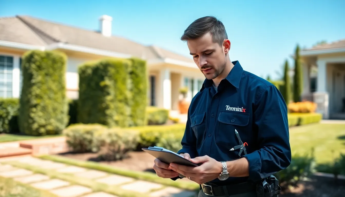 pest control technician inspecting a suburban home.