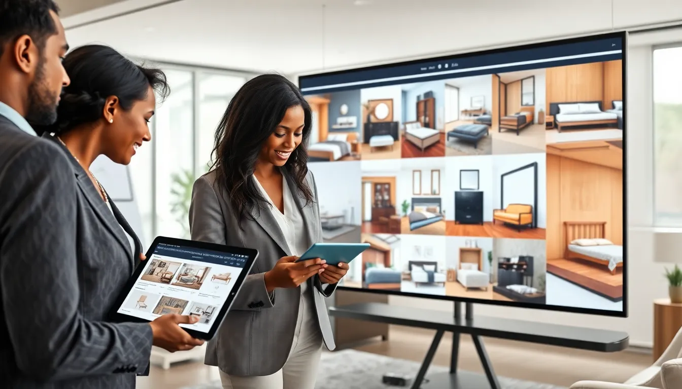 diverse team discussing bedroom furniture in a modern office