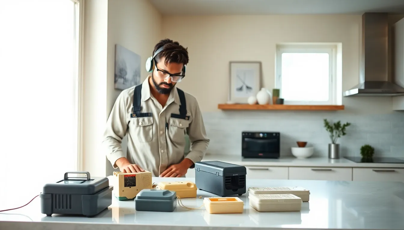 pest control technician inspecting a home for rodents.