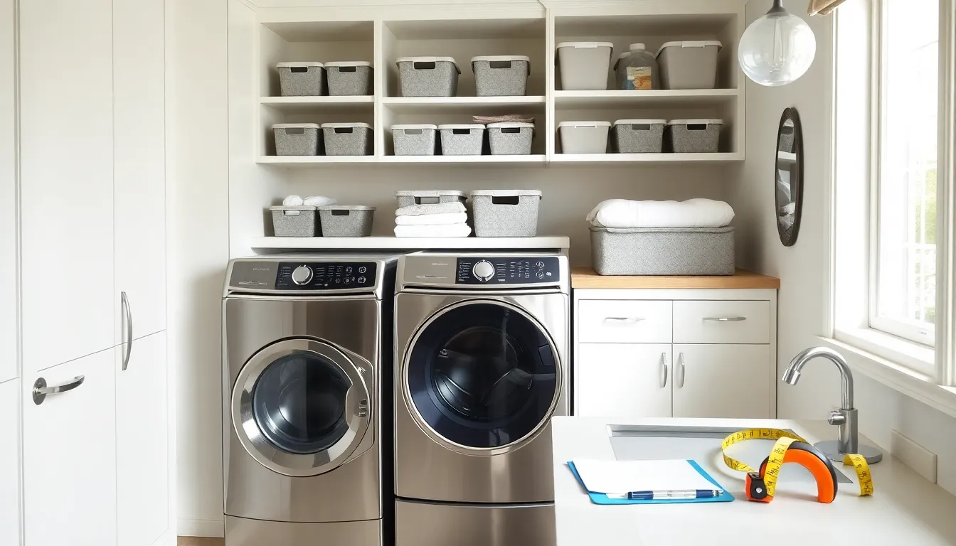 modern laundry room with organized shelves and folding station.