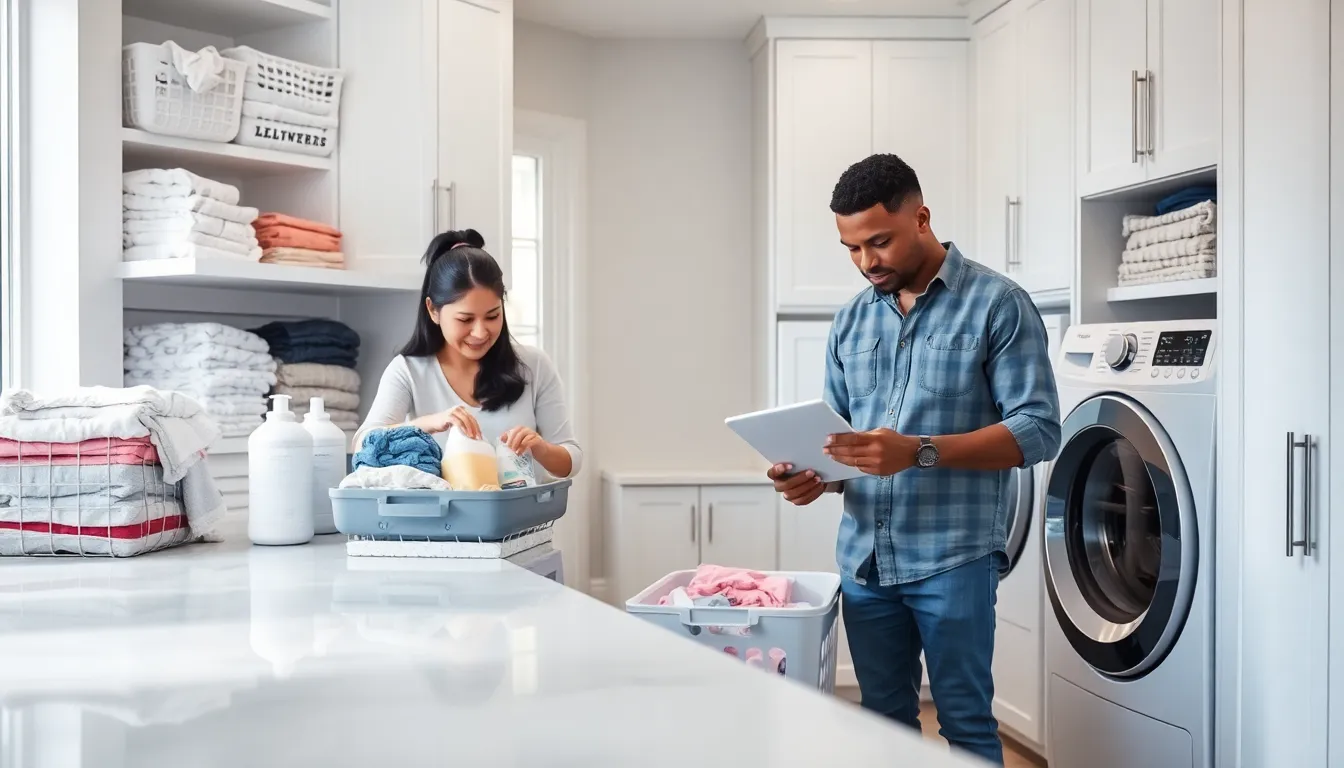 organized laundry room with family sorting clothes and supplies.