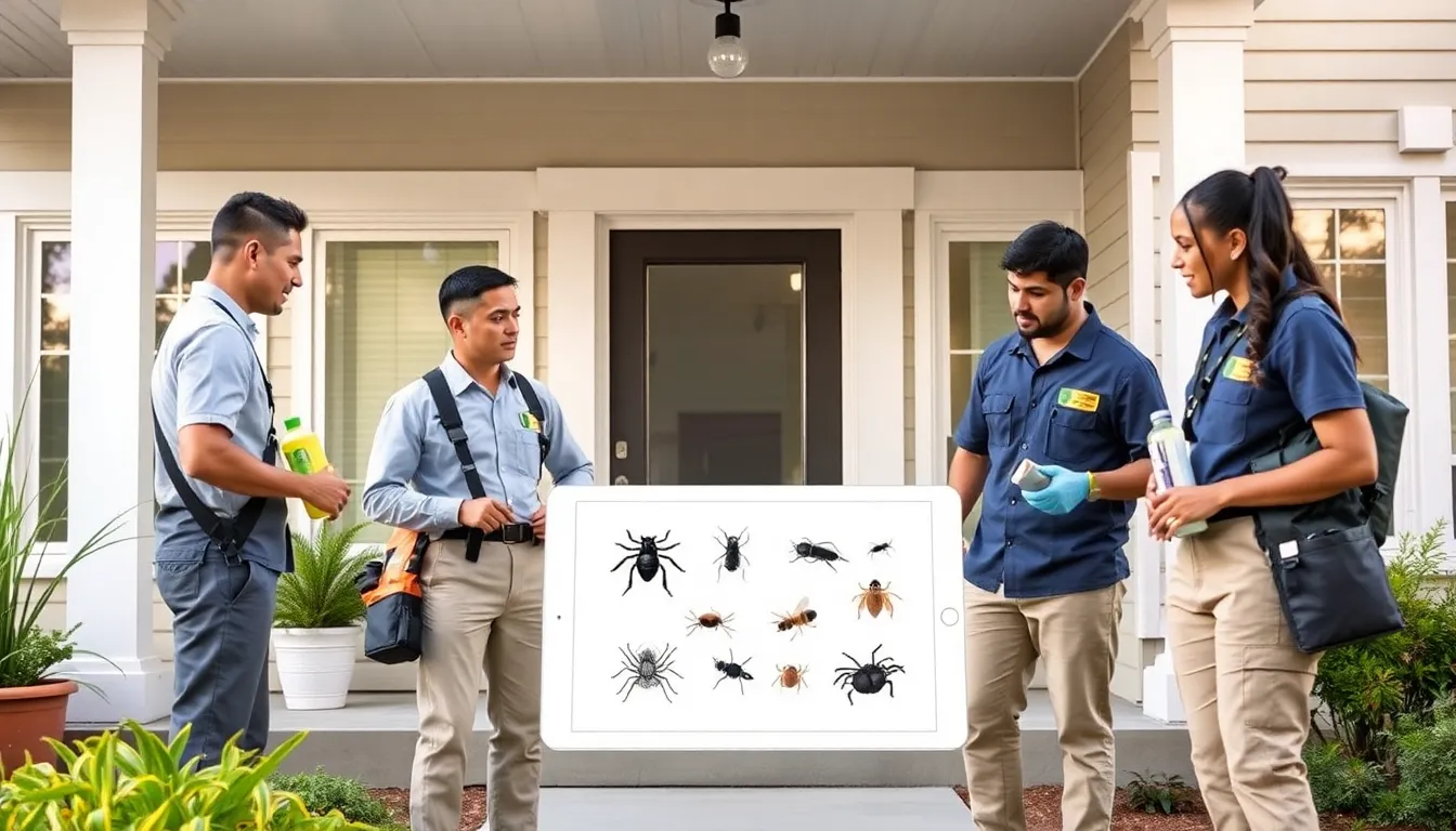 diverse pest control team evaluating a modern home for potential threats.