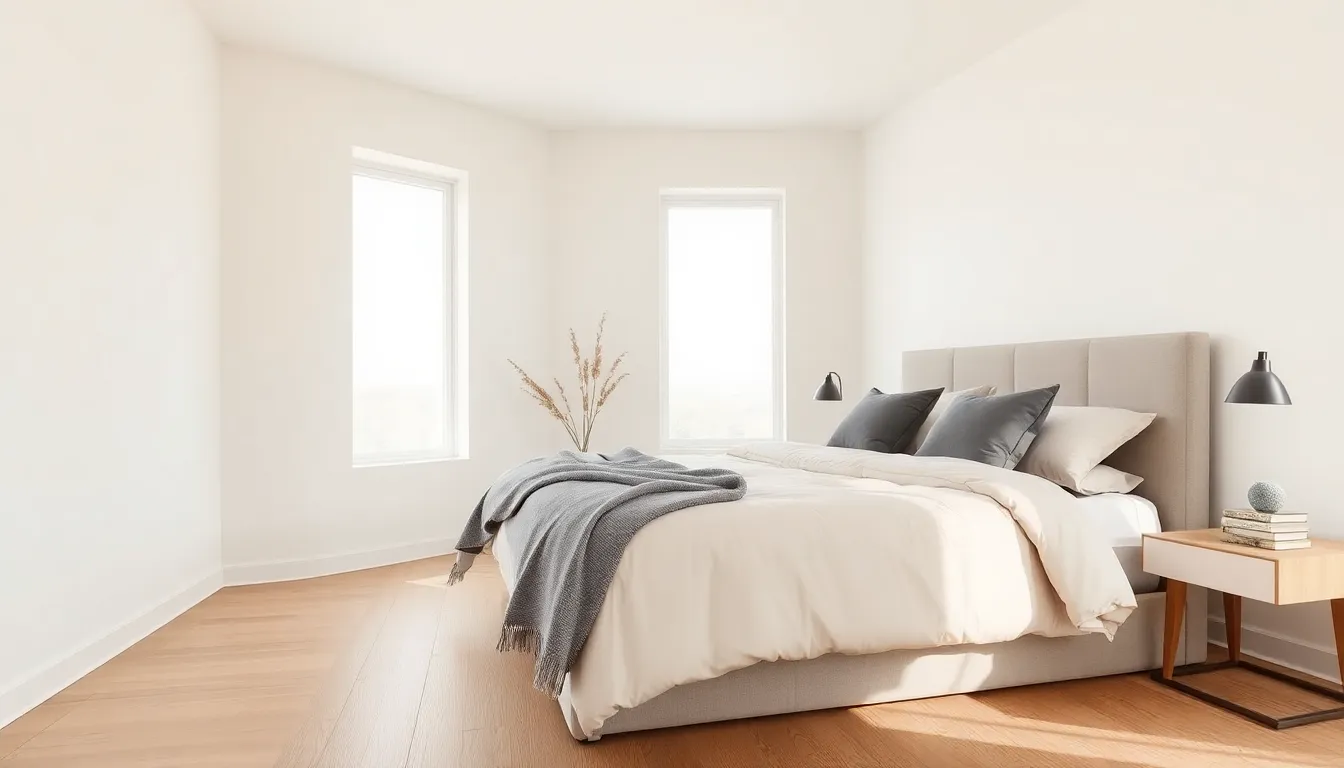 A serene bedroom with a neutral color palette and modern decor.