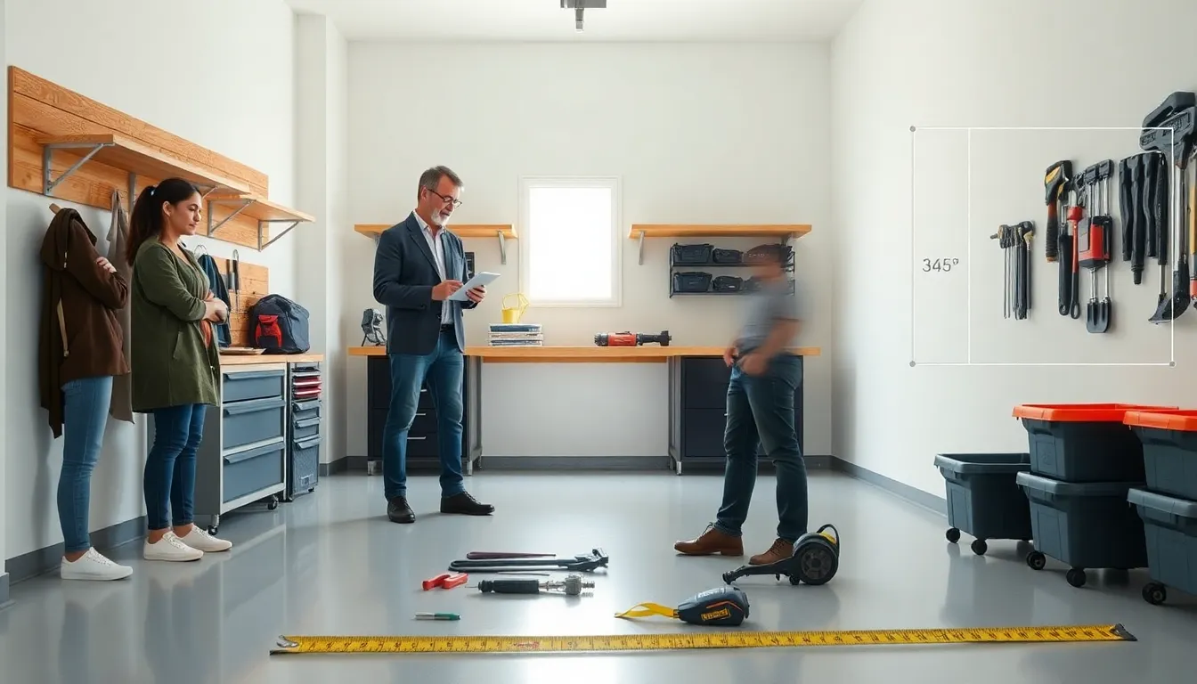 A diverse team assessing a well-organized modern garage.
