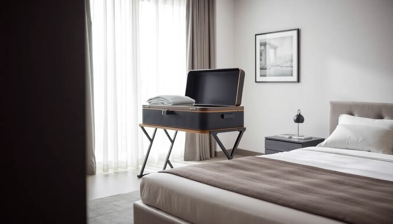 modern bedroom with a stylish luggage rack holding a suitcase.