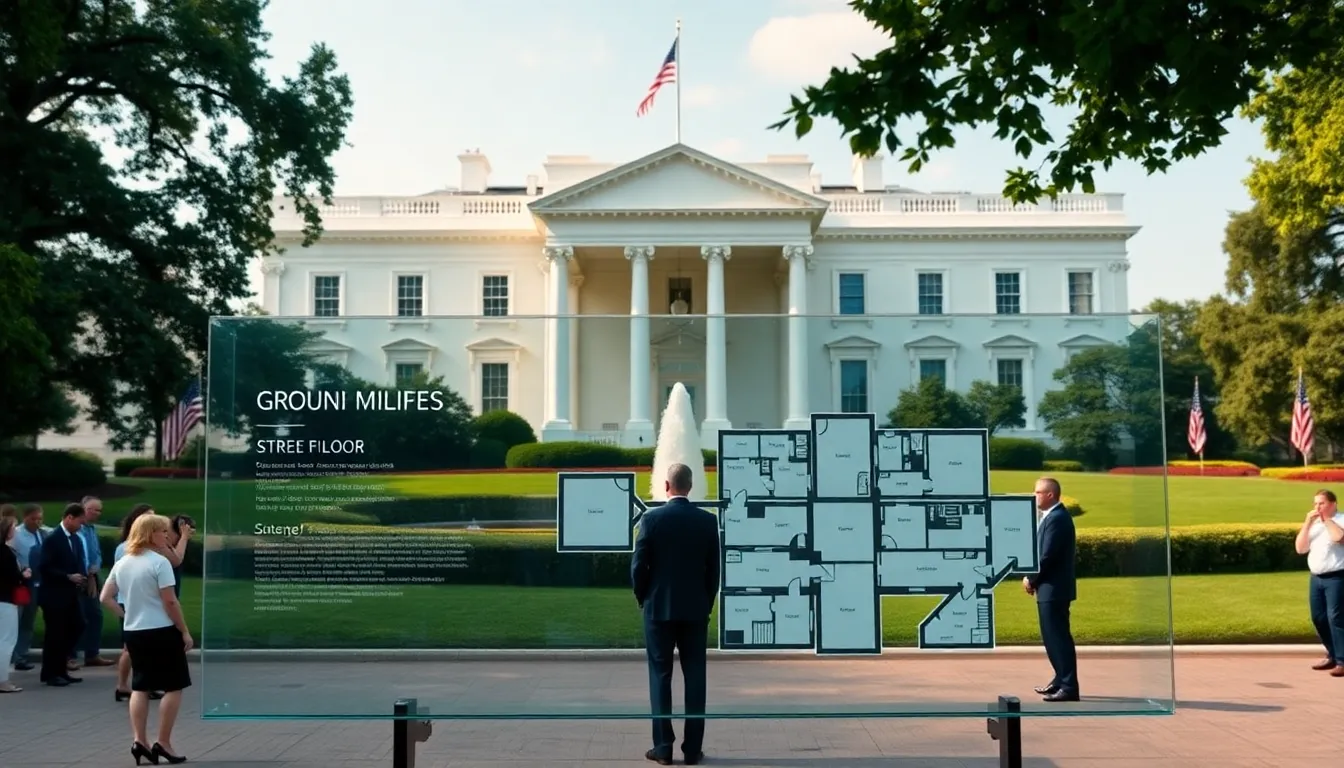 exterior view of the White House with a detailed layout display.