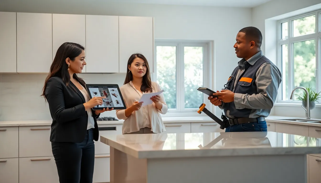 diverse professionals discussing pest control in a modern kitchen.