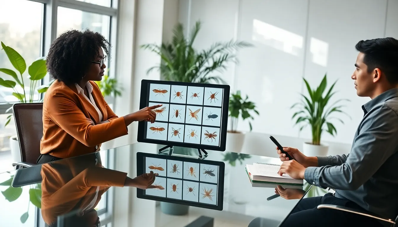 pest control experts discussing solutions in a modern office.