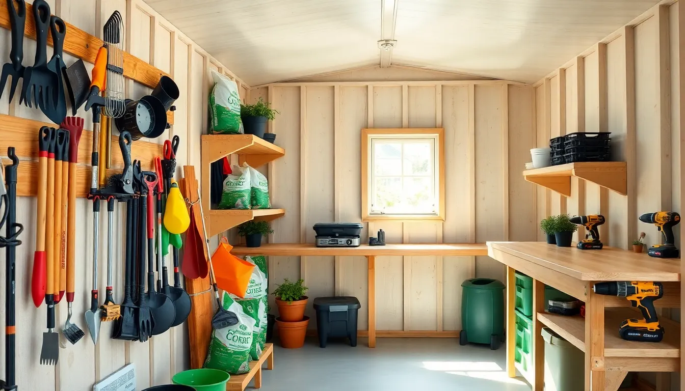 organized garden shed with tools and potting supplies.